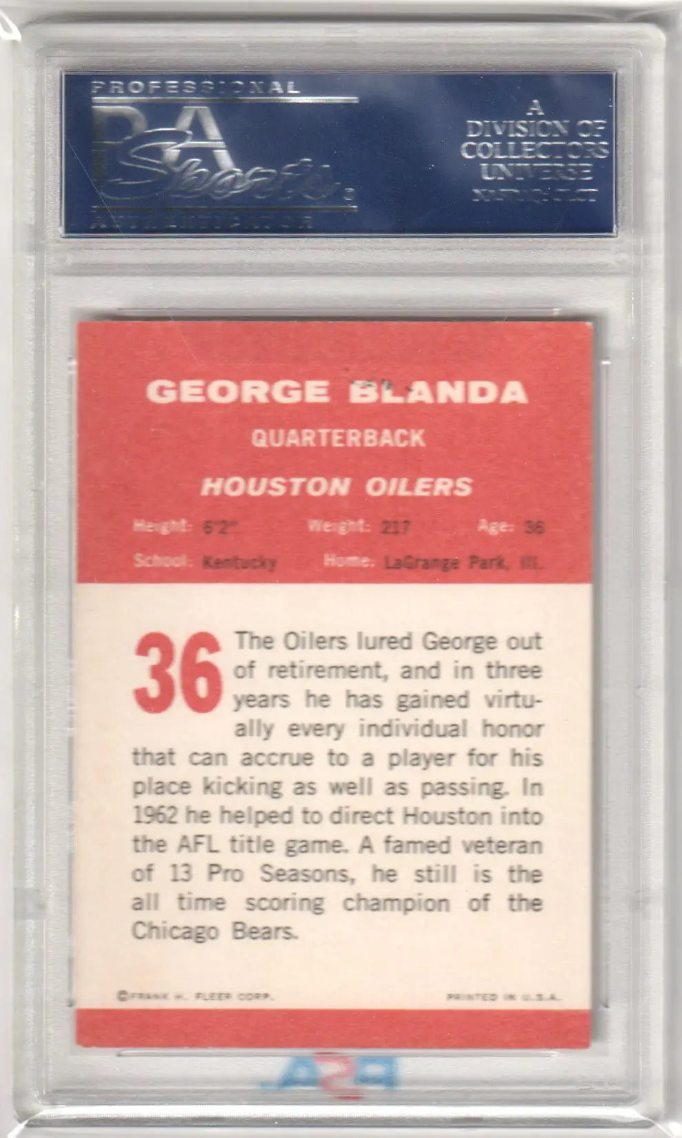 Graded George Blanda 1963 Fleer football card from Columbia Hobby PSA 7 NM