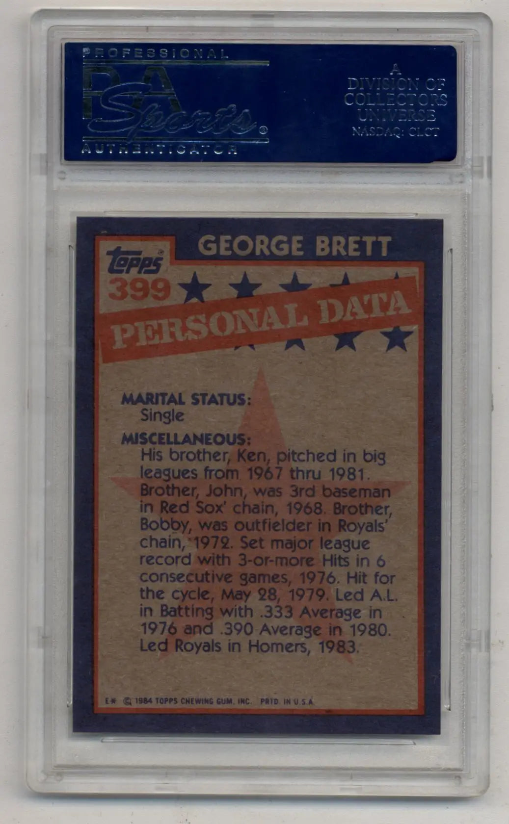 George Brett 1984 Topps #399 Gem Mint trading card in protective case with stats