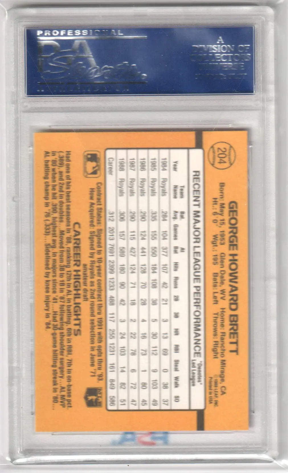 George Brett baseball card from 1989 Donruss PSA 10 GEM MINT by Columbia Hobby