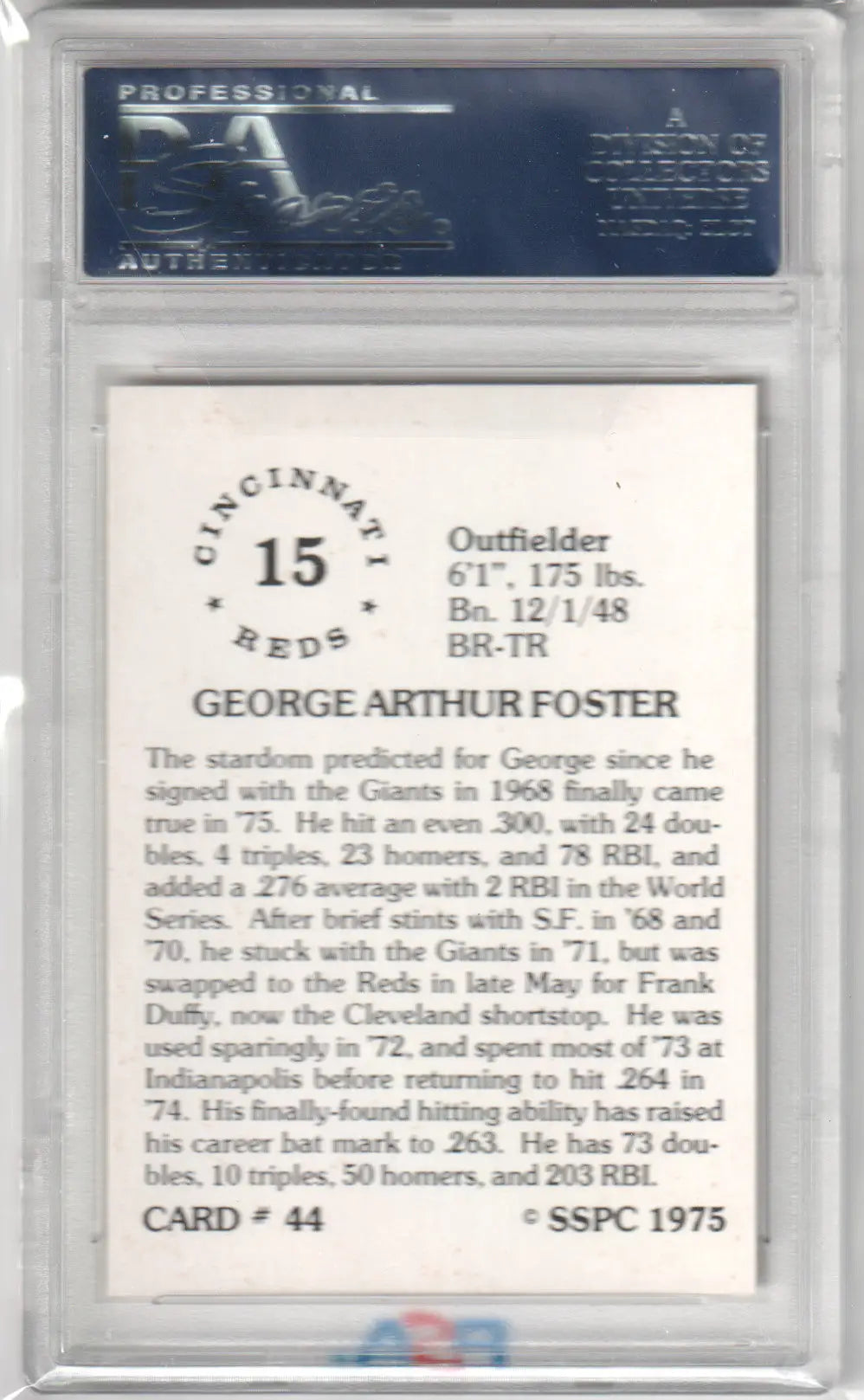 George Foster 1975 SSPC #44 PSA 9 Mint baseball card from Columbia Hobby
