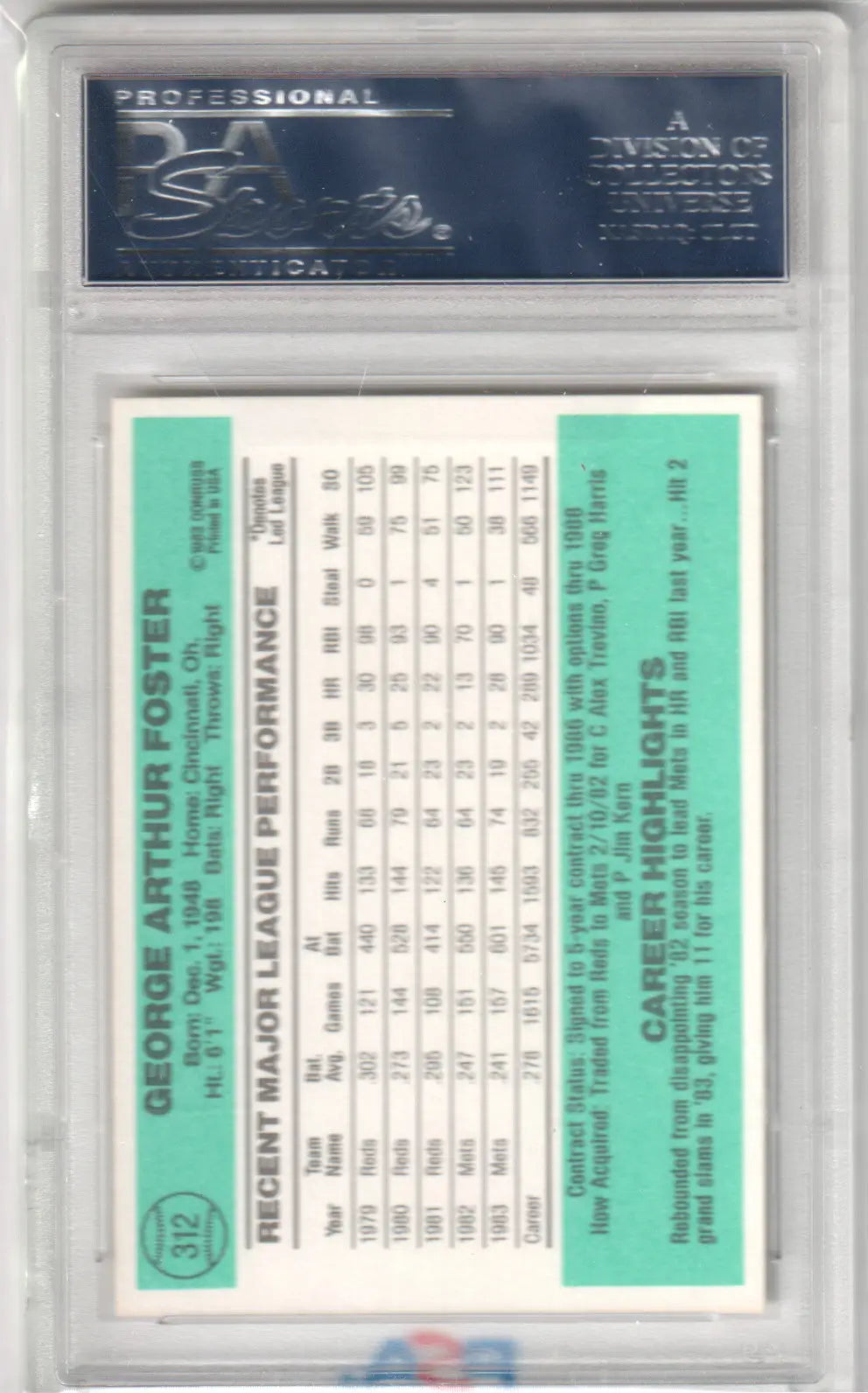 Graded George Foster 1984 Donruss #312 baseball card PSA 10 GEM MINT from Columbia Hobby