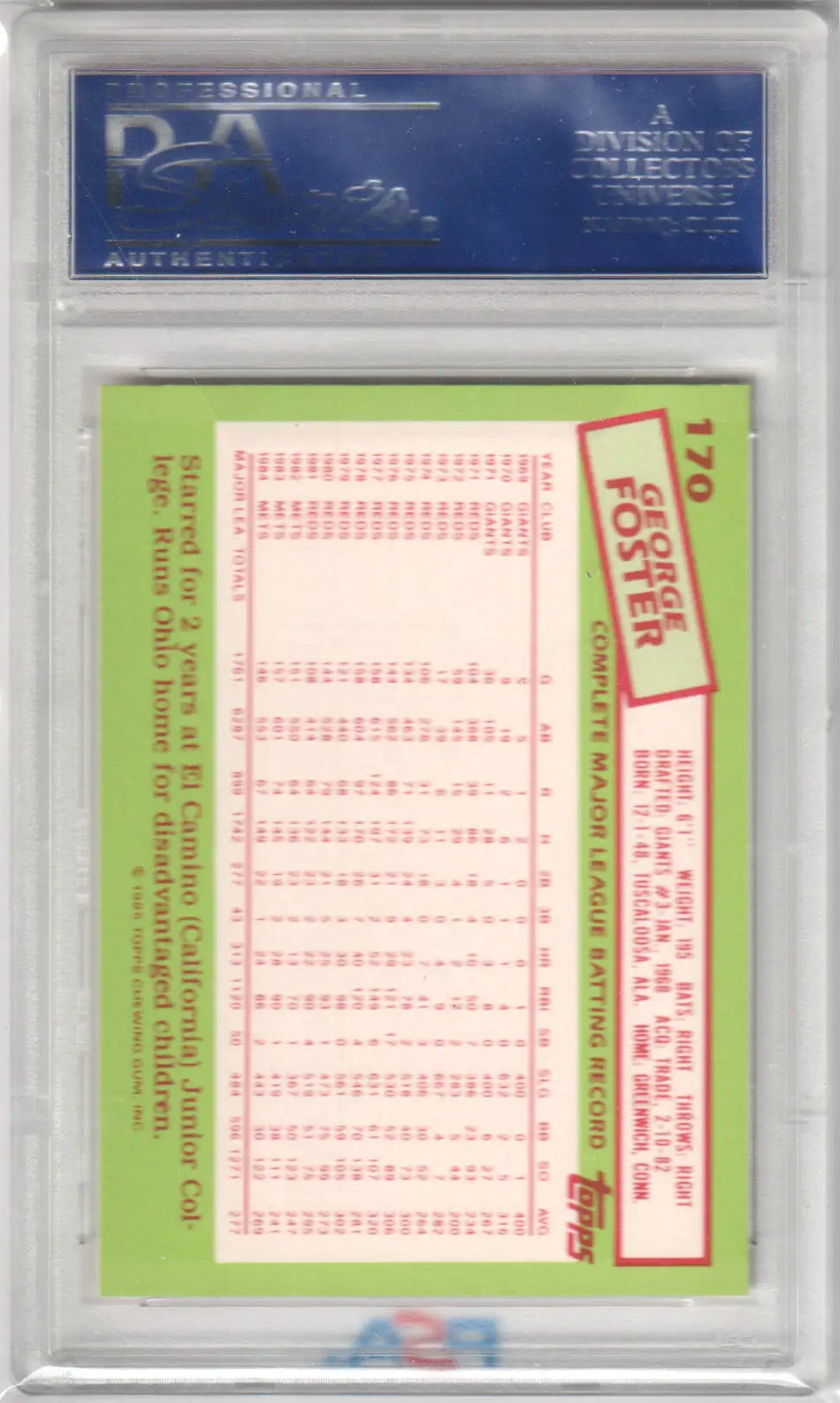 Graded George Foster baseball card from Topps Tiffany series by Columbia Hobby