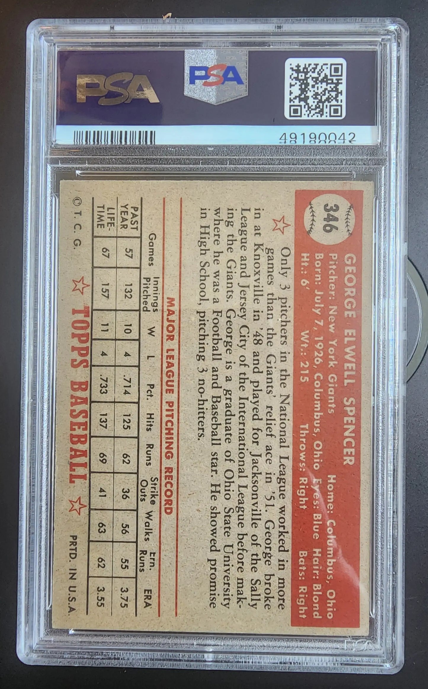 George Spencer 1952 Topps #346 baseball card in PSA grading case with back statistics