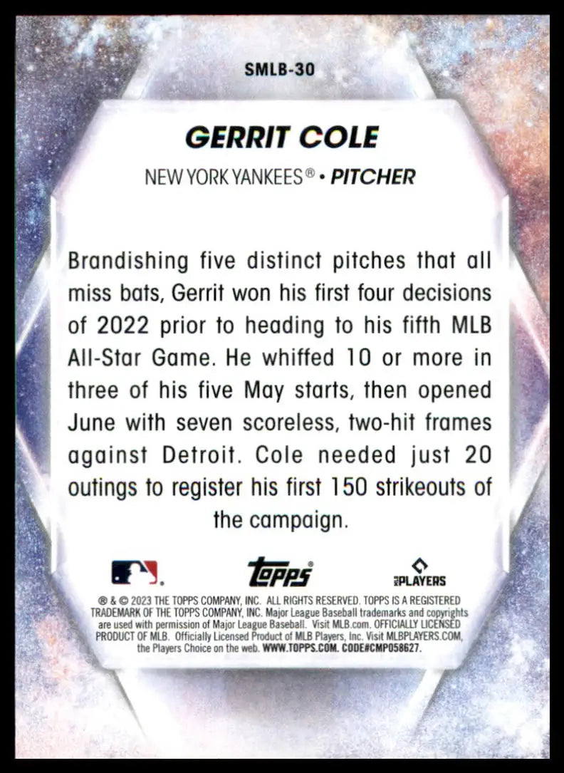 Gerrit Cole baseball card from 2023 Topps Stars of MLB collection, New York Yankees