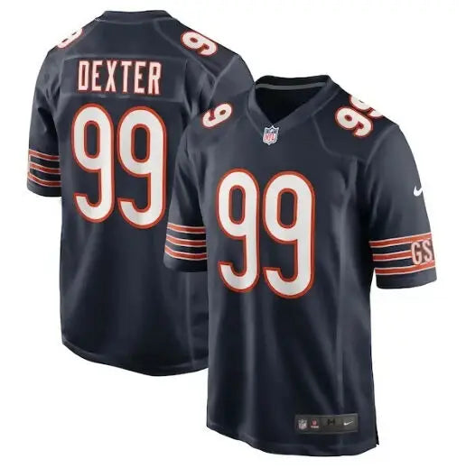 Dark blue Chicago Bears Nike Gervon Dexter Sr football jerseys with orange and white trim featuring number 99