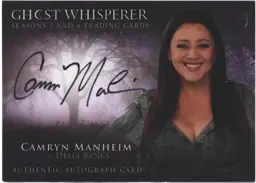 Autographed trading card of Camryn Manheim with a purple background