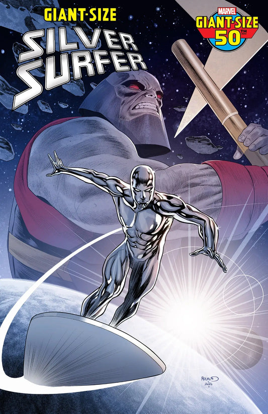 Silver Surfer riding cosmic surfboard, featured in Giant-Size Silver Surfer #1 variant