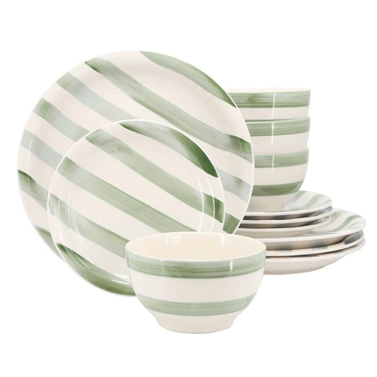 Gibson Home Kenwood Shores 12 Piece Stoneware Dinnerware Set in Green Stripe - Dinnerware 12pc Sets