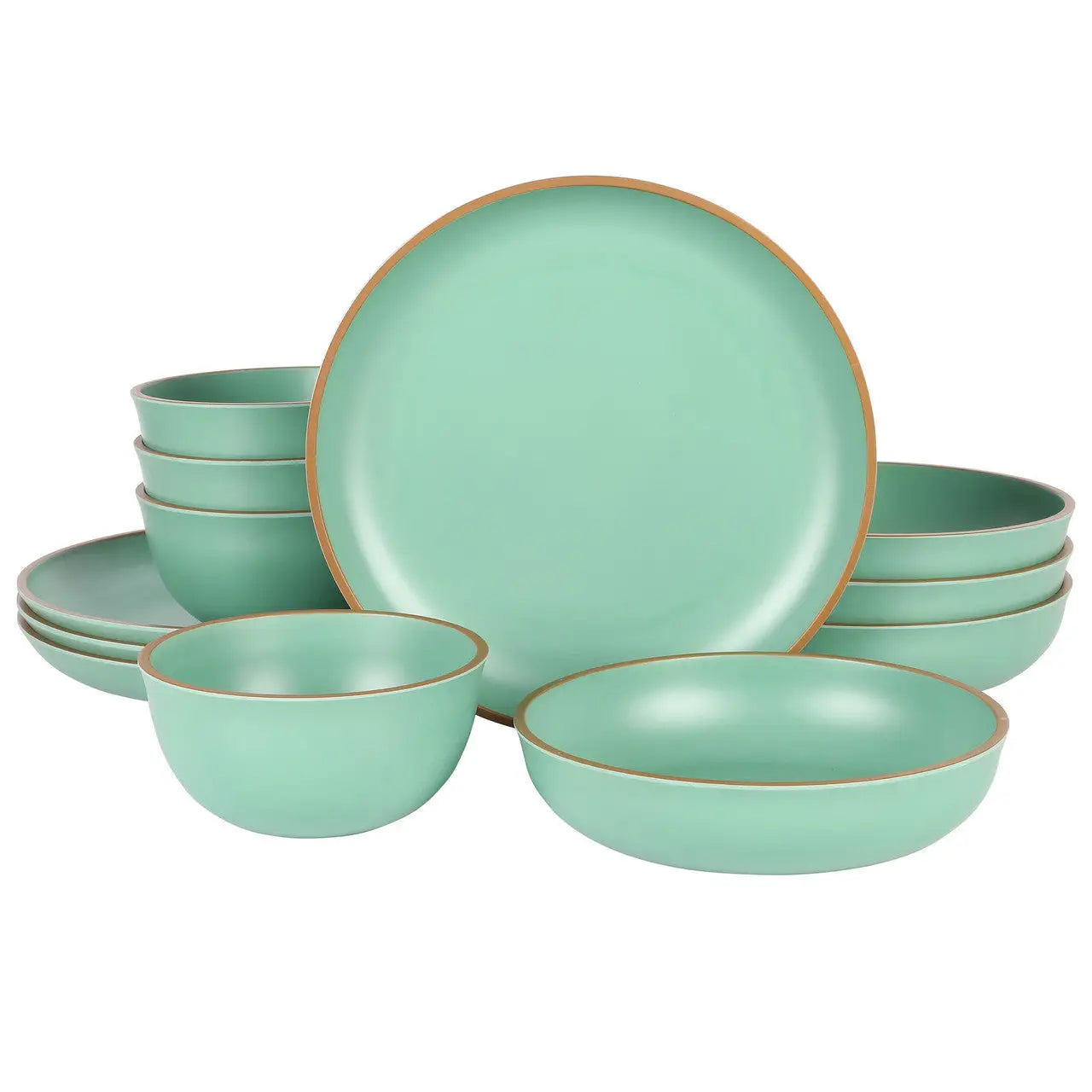 Gibson Home Rockabye 12 Piece Double Bowl Melamine Dinnerware Set in Green - Dinnerware 12pc Sets