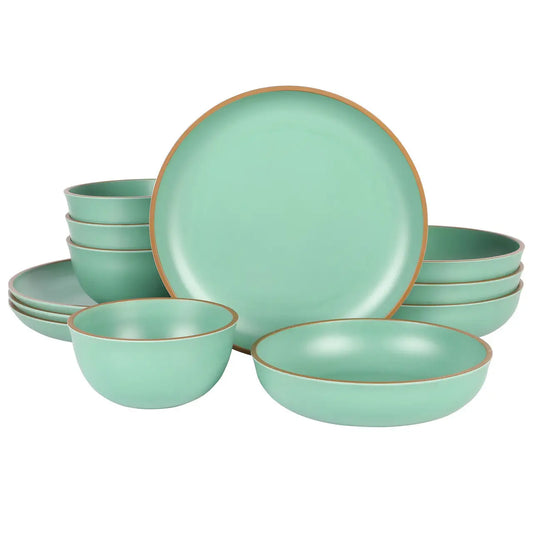 Gibson Home Rockabye 12 Piece Double Bowl Melamine Dinnerware Set in Green - Dinnerware 12pc Sets