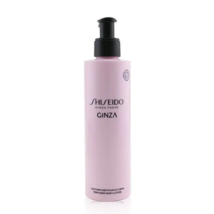 Pink Shiseido Ginza perfumed body lotion with black pump dispenser in 200ml bottle