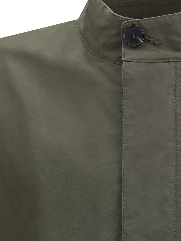 Olive green Givenchy mens parka jacket with collar and single button, adjustable drawstring