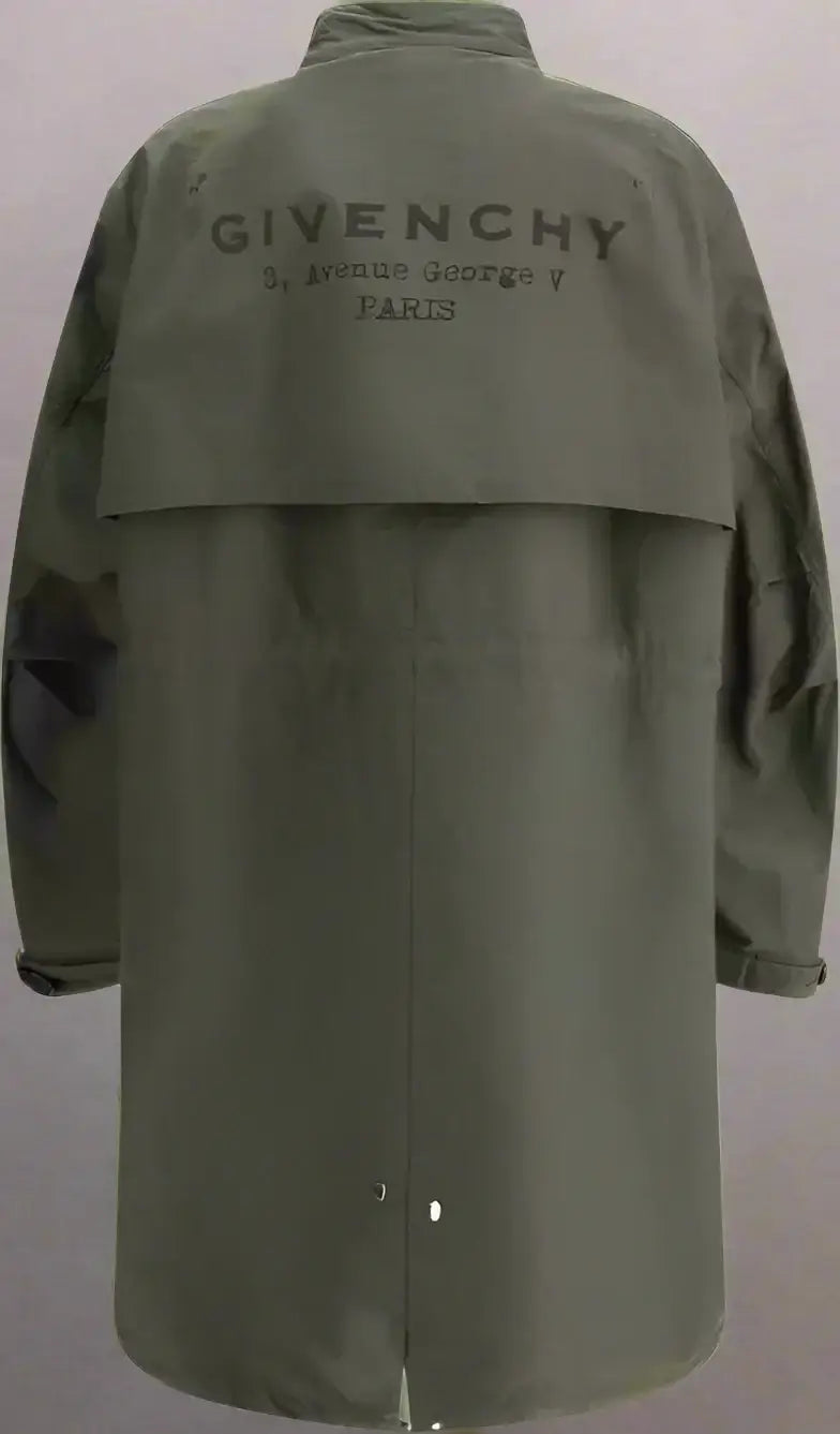 Olive green Givenchy mens parka jacket with back flap and adjustable drawstring