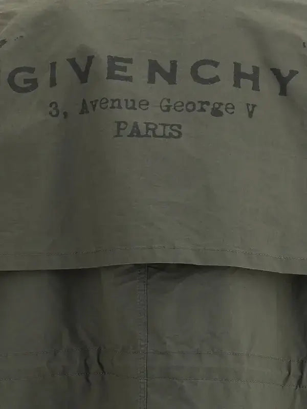 Olive green Givenchy mens parka jacket with adjustable drawstring and address text
