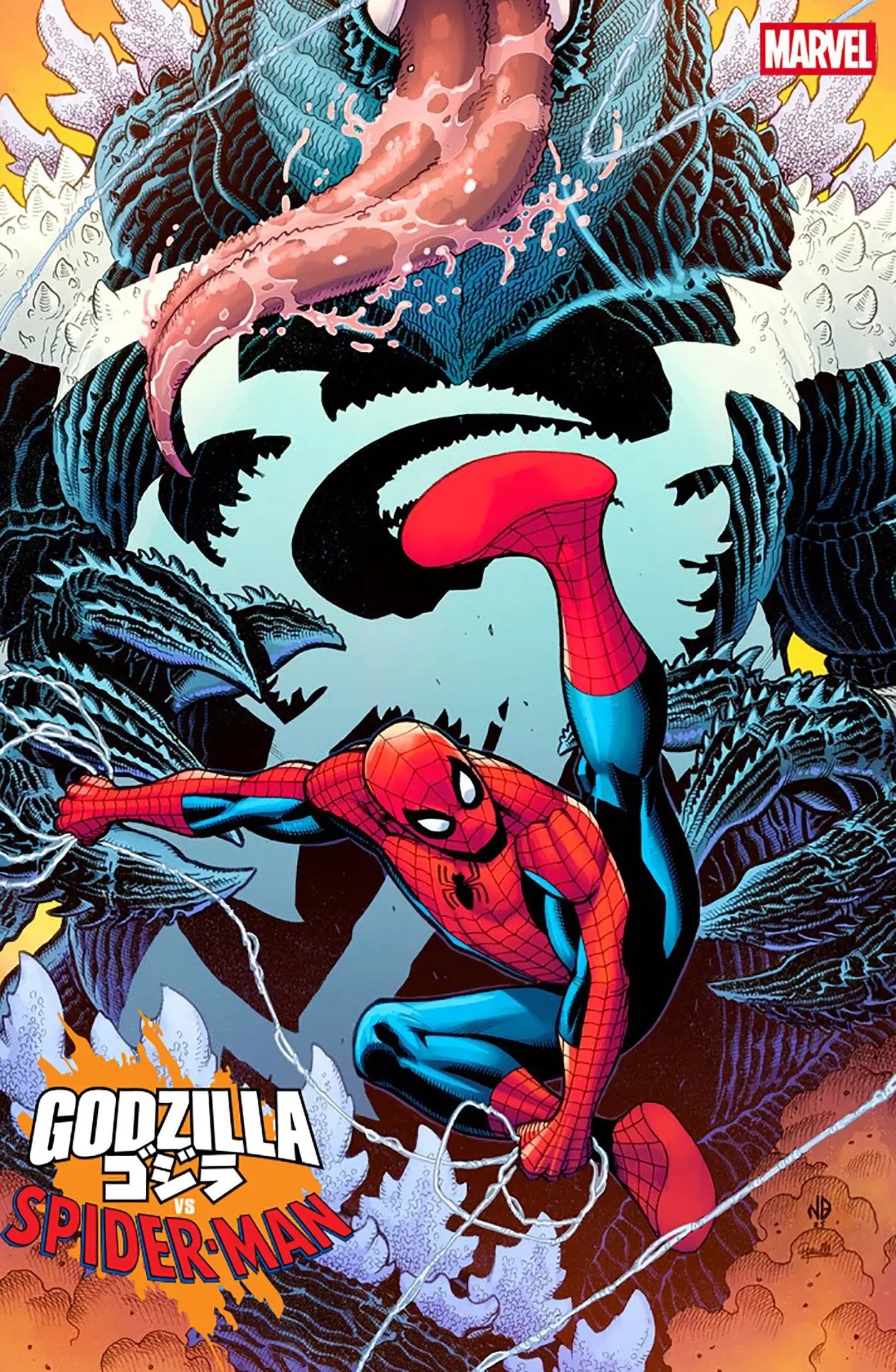 Godzilla versus Spider-Man comic cover by Nick Bradshaw featuring Venomized Godzilla