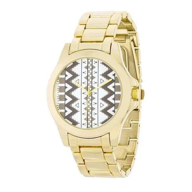 Gold-tone geometric patterned watch with stainless steel band displayed in Gold Watch product
