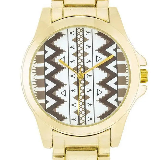 Gold watch with geometric pattern and brown accents showcasing elegant style