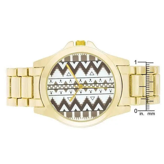 Gold tone stainless steel watch with geometric pattern displayed in Gold Watch product