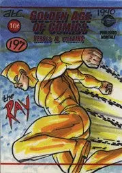 Comic book cover of a yellow-costumed superhero on a Golden Age Adam Cleveland sketch card