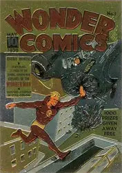 Vintage comic book cover with superhero vs giant monster on Golden Age of Comics promo card