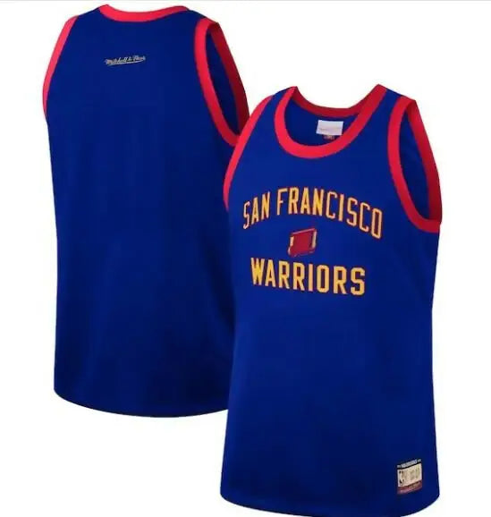 Blue sleeveless athletic jersey with red trim and SAN FRANCISCO WARRIORS in gold text
