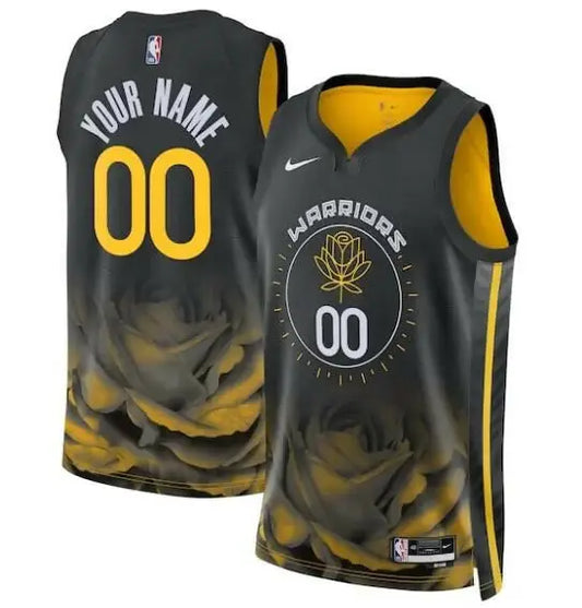 Black and gold basketball jersey with rose graphic and customizable name and number