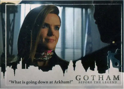 Woman with long dark hair in a colorful scarf on Gotham Penguin Deco Foil Stamp card