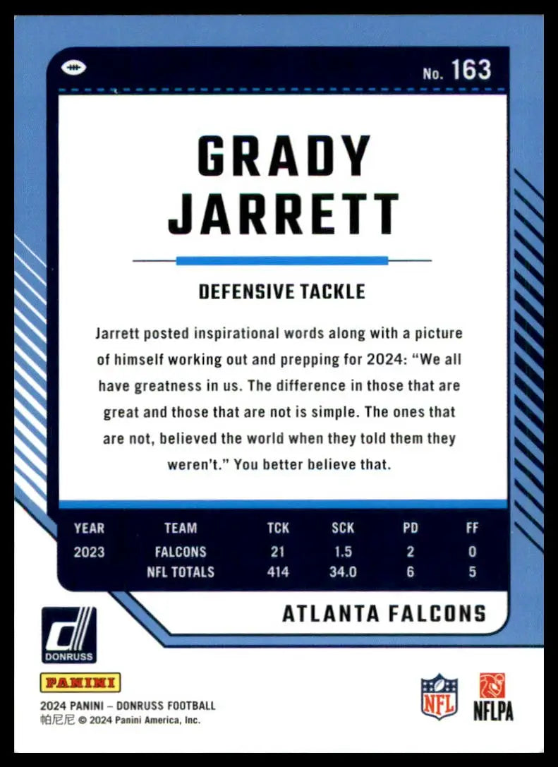 Grady Jarrett football card from 2024 Donruss series featuring Atlanta Falcons player