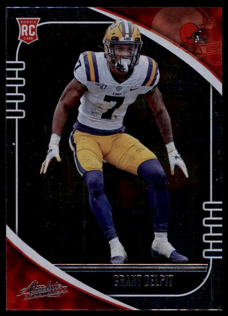 Football trading card featuring Grant Delpit in white and gold LSU Tigers uniform from Panini Absolute