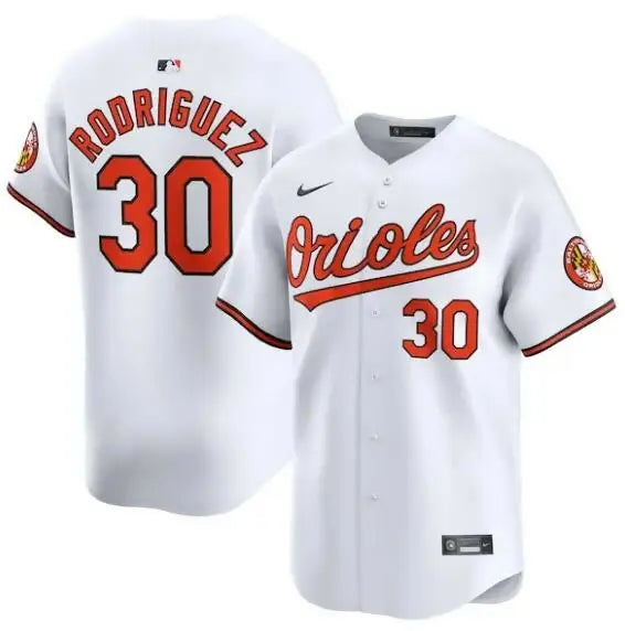 White Orioles baseball jersey featuring Grayson Rodriguez Nike home limited player jersey design