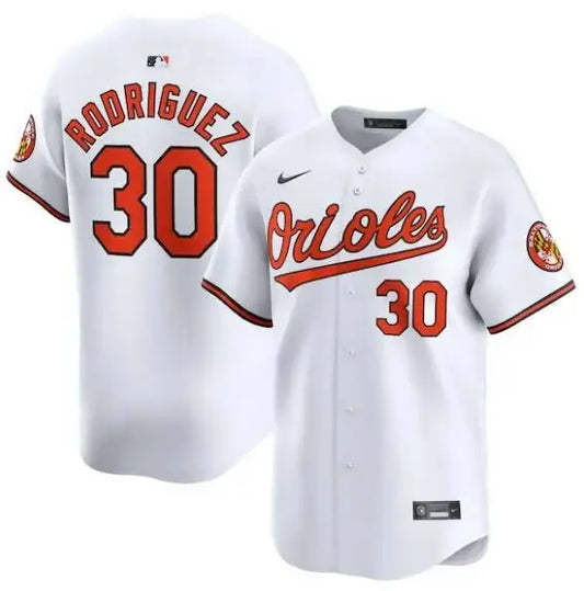 White Orioles baseball jersey featuring Grayson Rodriguez Nike home limited player jersey design