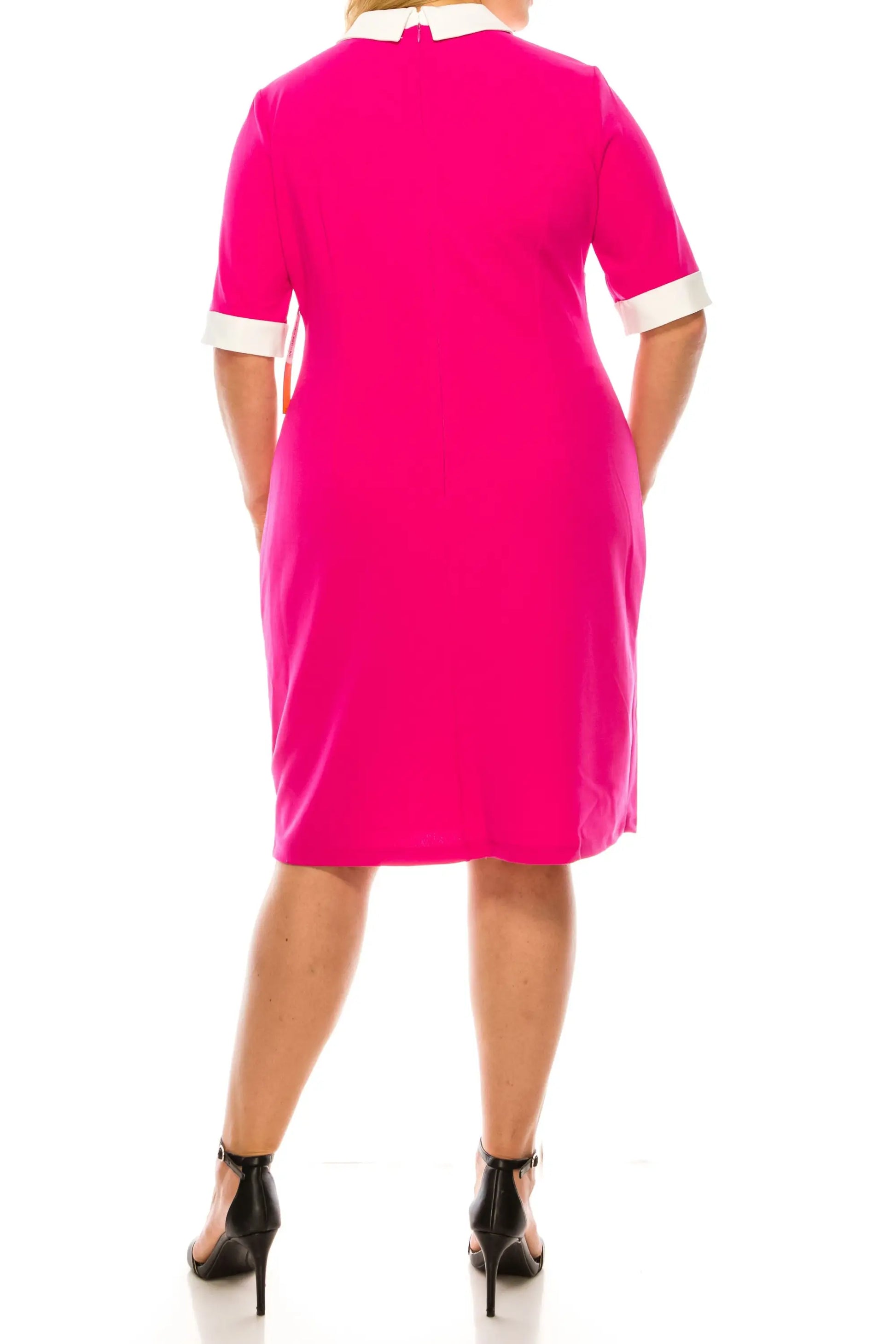 Hot pink sheath dress with white cuffs and collar, size 6, last one available