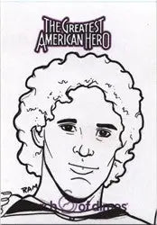 Black and white sketch card of a serious person with curly hair by Rich Molinelli