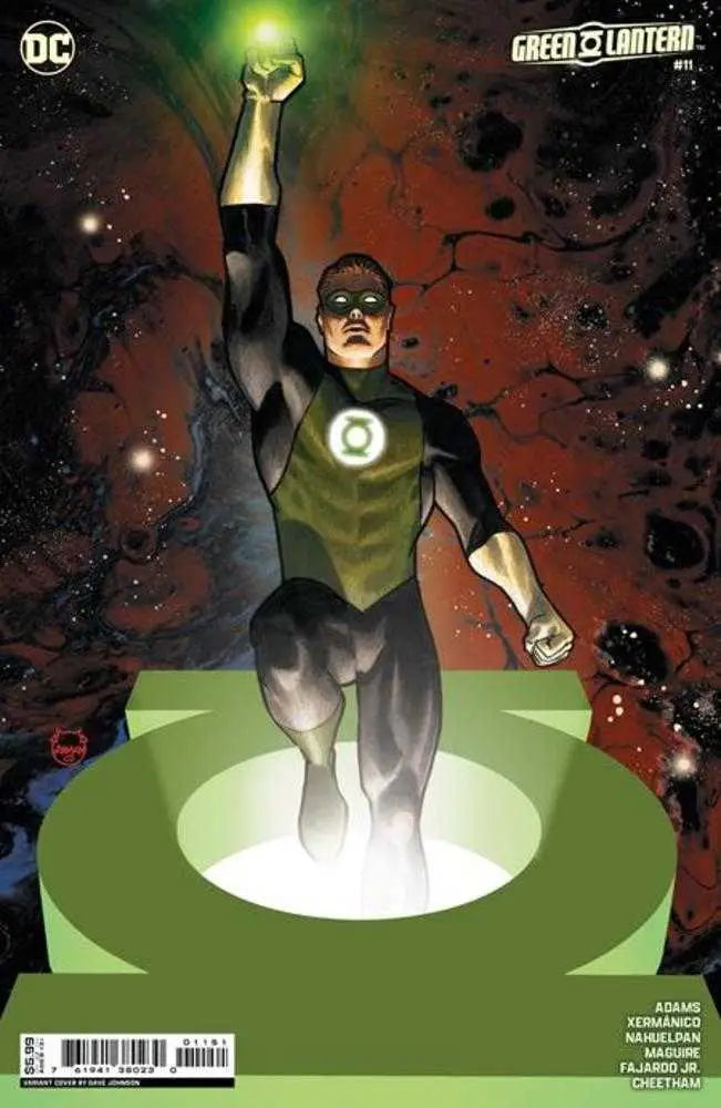 Green Lantern in black and green costume with glowing power ring for trading cards