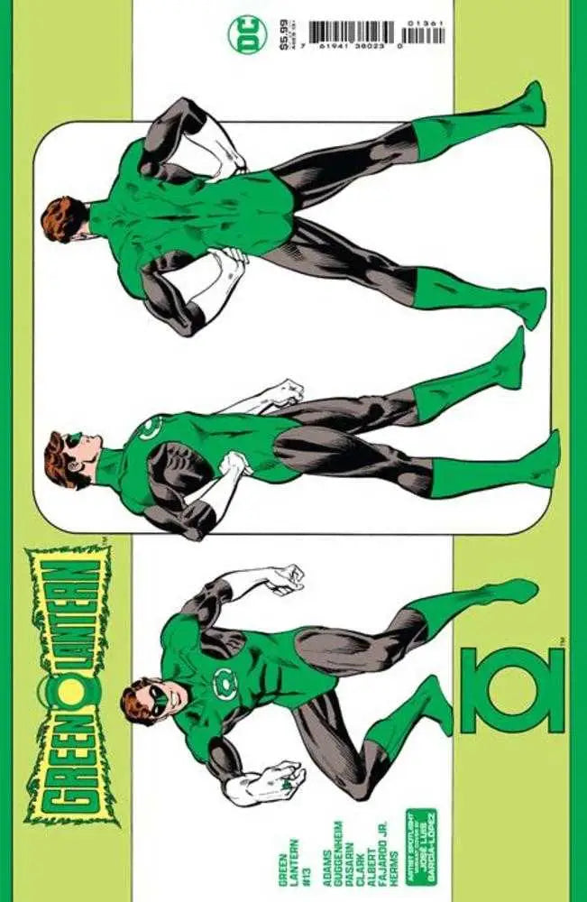 Character design sheet of a superhero in green and black costume for trading cards