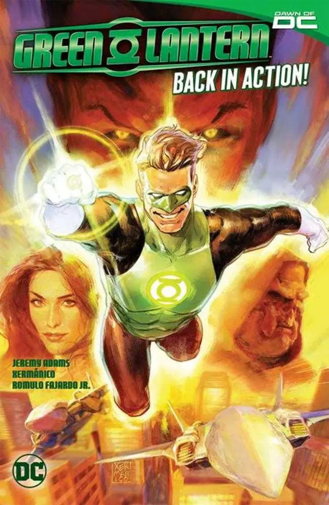 Comic book cover of Green Lantern flying with glowing ring energy for trading cards