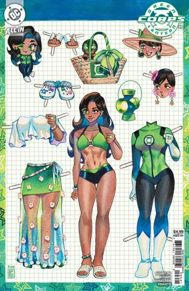 Green Lantern Corps paper doll set with outfits and accessories on Rian Gonzales Card Stock