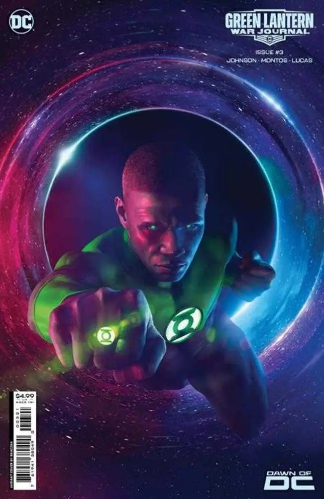 Green Lantern Corps member in power ring and green uniform with cosmic effects for trading cards