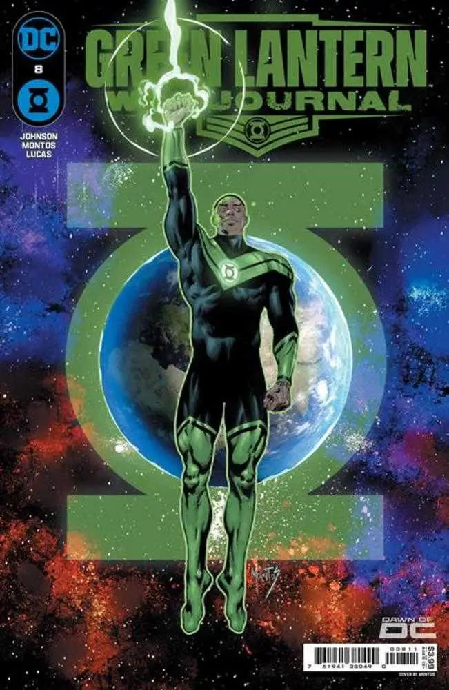 Green Lantern comic book cover with hero in black and green costume holding power ring