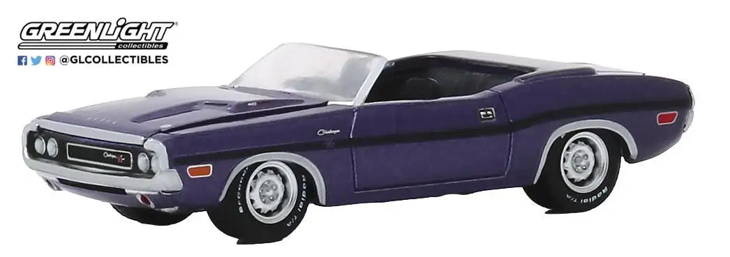 Purple 1971 Dodge Challenger R/T convertible diecast model from Barrett Jackson Scottsdale