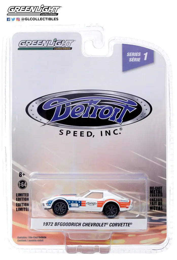 Packaged die-cast model of a 1972 BFGoodrich Chevy Corvette race car by Greenlight
