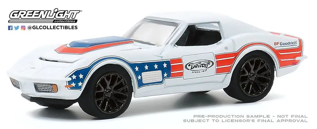 White BFGoodrich Chevy Corvette model with American flag graphics and Greenlight branding