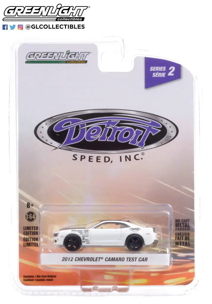 White toy model of a 2012 Chevrolet Camaro Test car in packaging from Detroit Speed