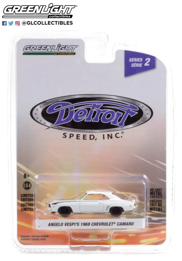 Die-cast model of a white 1969 Chevrolet Camaro from Detroit Speed series by GreenLight