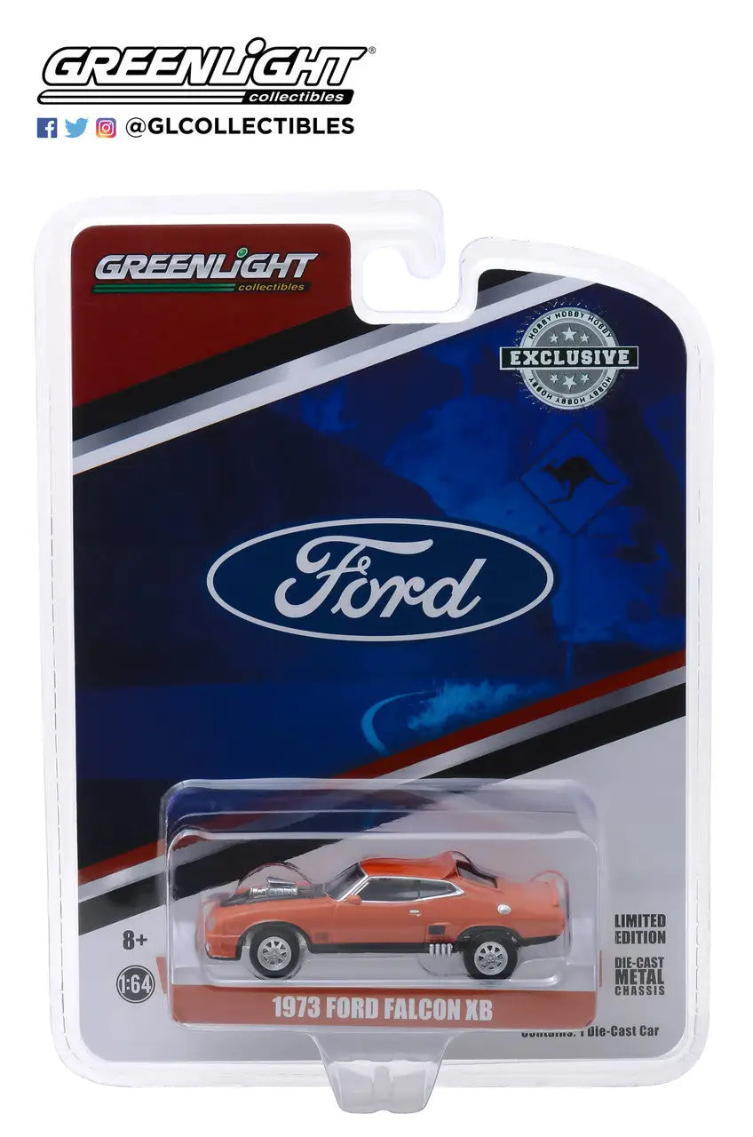 Die-cast model of a 1973 Ford Falcon XB in burnt orange with black stripes, hobby exclusive