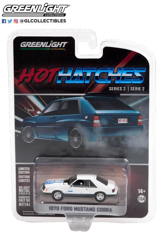 Die-cast model car of a 1979 Ford Mustang Cobra in Greenlight Hot Hatches Series packaging