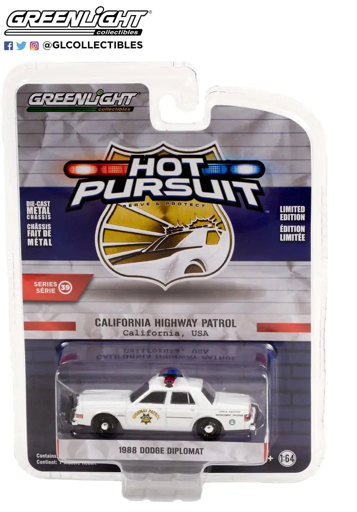 Packaged die-cast model of a 1968 Dodge Diplomat California from Hot Pursuit Series 39