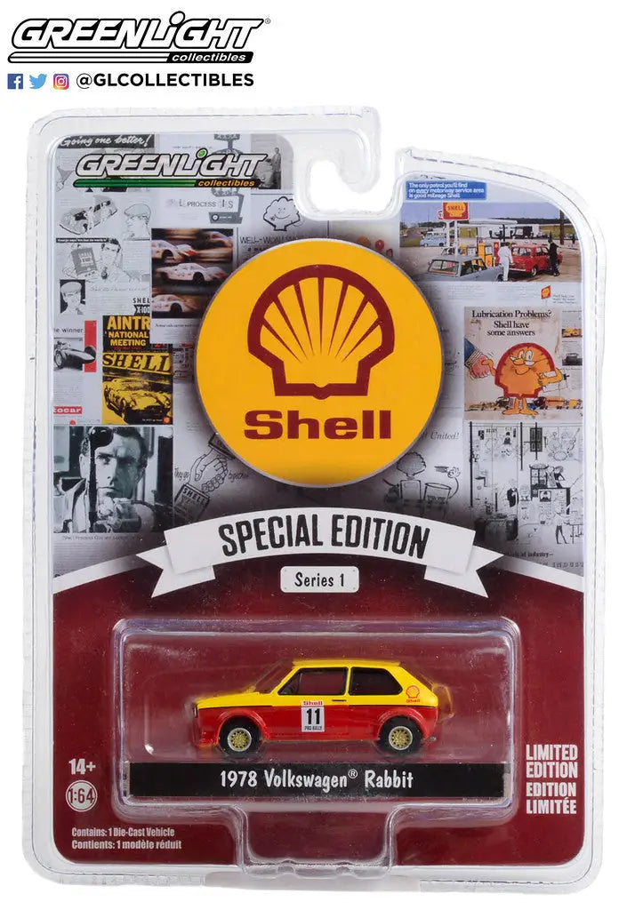 Die-cast model of a yellow 1978 Volkswagen Rabbit in Shell Edition Series packaging