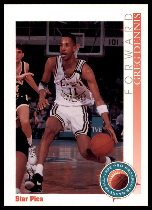 Basketball trading card featuring Greg Dennis from 1992 Star Pics East Tennessee State