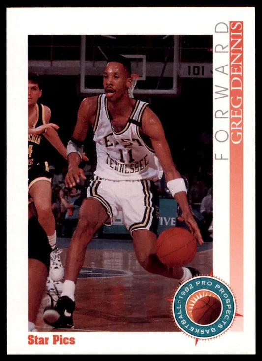 Basketball trading card of Greg Dennis from 1992 Star Pics series featuring East Tennessee State Buccaneers